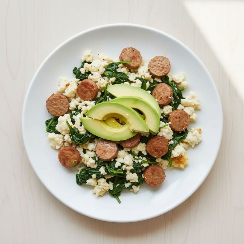 Egg White Scramble with Turkey Sausage and Sautéed Spinach