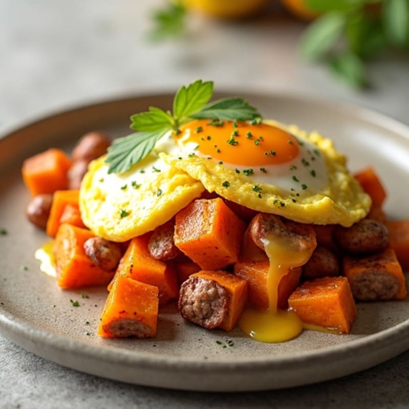 Egg and Turkey Sausage Scramble with Roasted Sweet Potatoes