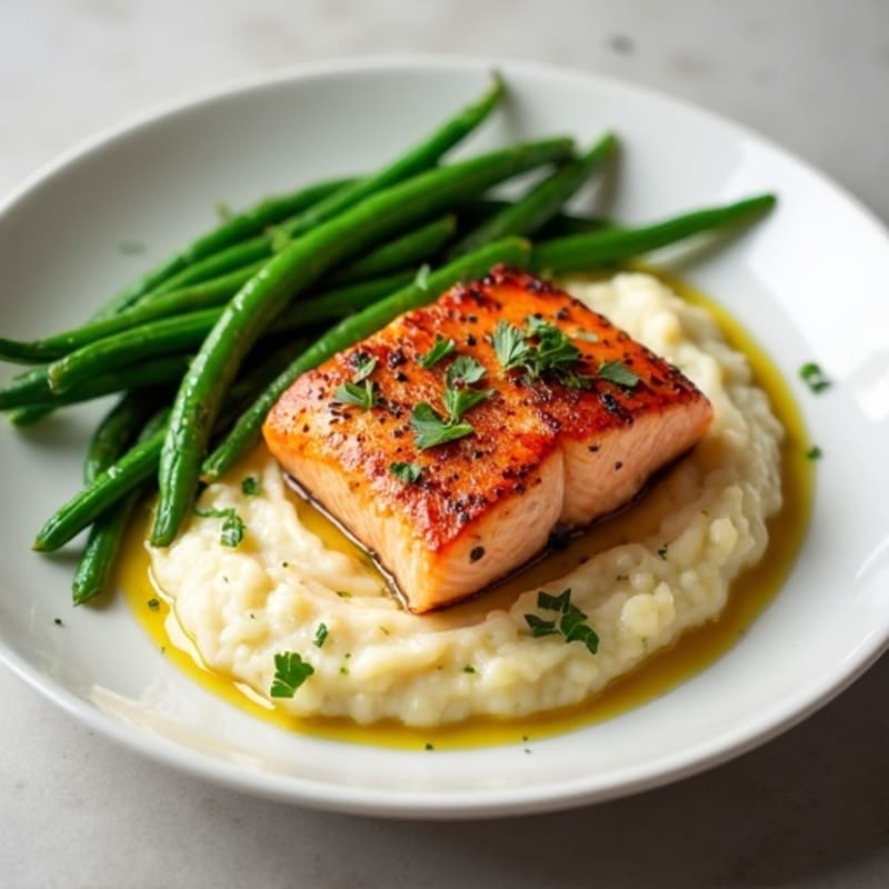 Seared Salmon with Garlic Green Beans and Cauliflower Mash
