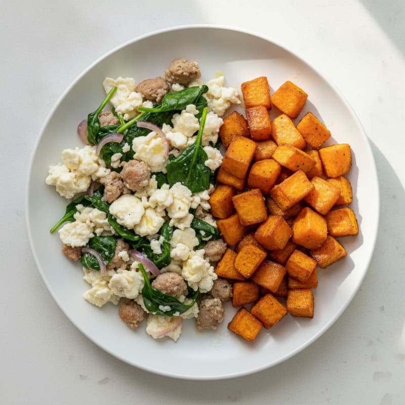 Egg White and Turkey Sausage Scramble with Spinach and Roasted Sweet Potato