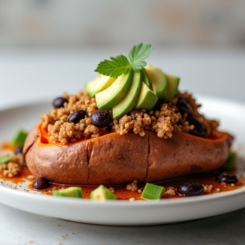 Stuffed Sweet Potato with Lean Ground Turkey, Black Beans, and Creamy Avocado