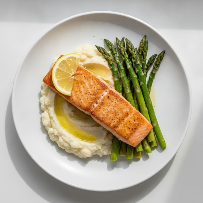 Seared Salmon with Roasted Asparagus and Cauliflower Mash