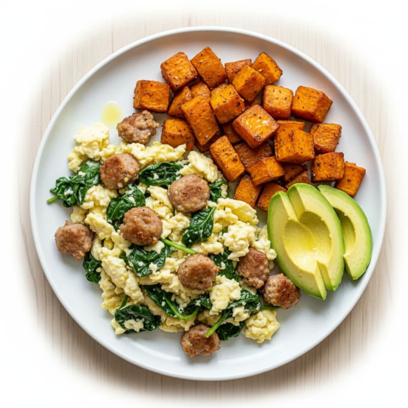 Egg White and Turkey Sausage Scramble with Roasted Sweet Potatoes