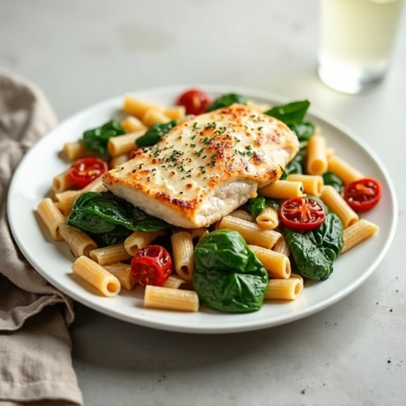 Creamy Sun-Dried Tomato Chicken with Fresh Spinach and Whole Wheat Pasta