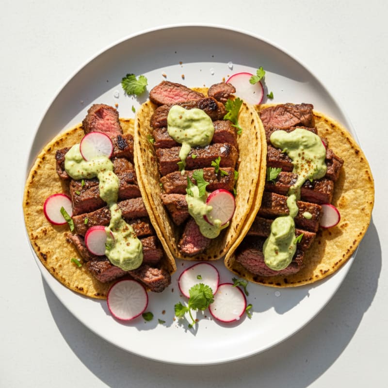 Carne Asada Tacos with Avocado Crema