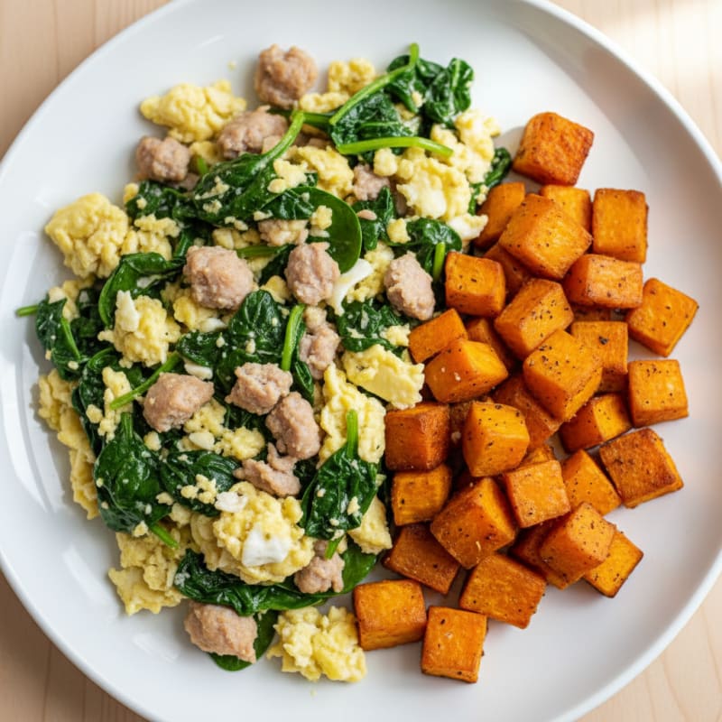 Egg White and Turkey Sausage Scramble with Spinach and Roasted Sweet Potatoes