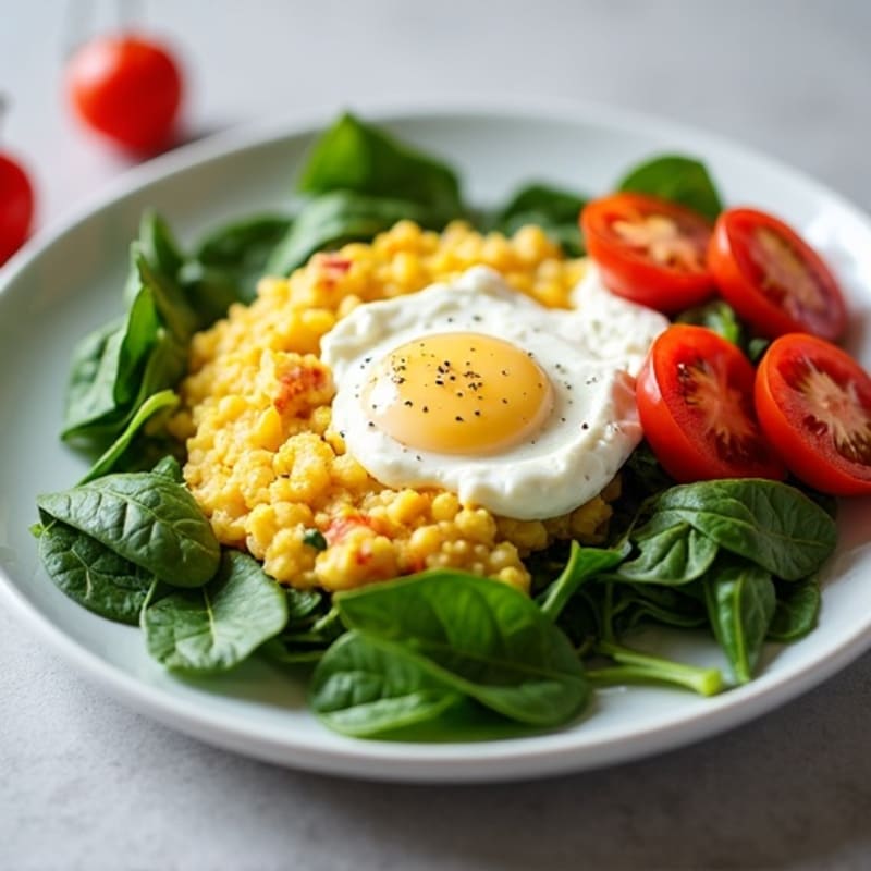 Egg White Spinach Scramble with Cottage Cheese and Sliced Tomatoes