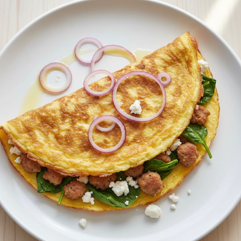 Crispy Egg White Omelette with Turkey Sausage and Spinach