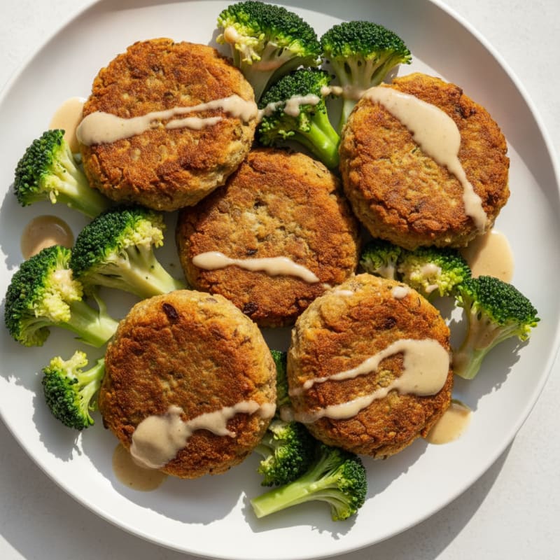 Crispy Lentil Patties with Steamed Broccoli and Tahini Drizzle