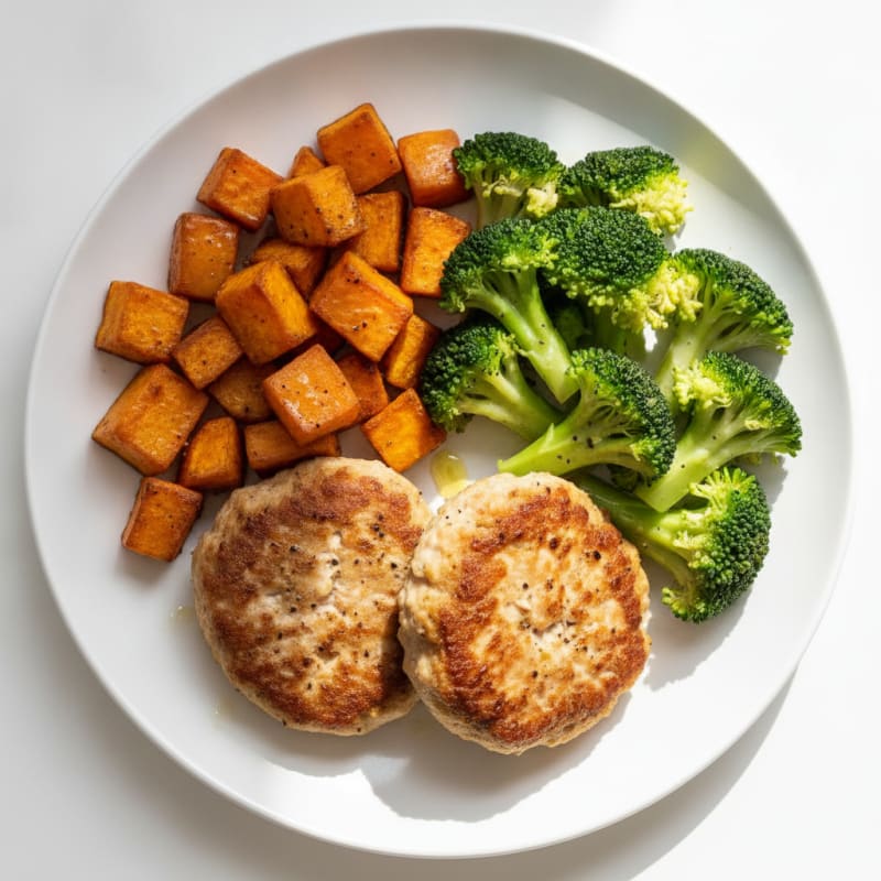 Seared Turkey Patties with Roasted Sweet Potato and Steamed Broccoli
