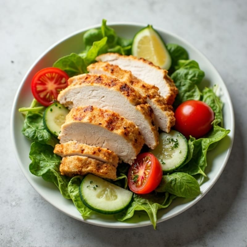 Seared Turkey Breast over Mixed Greens with Cucumber and Tomato