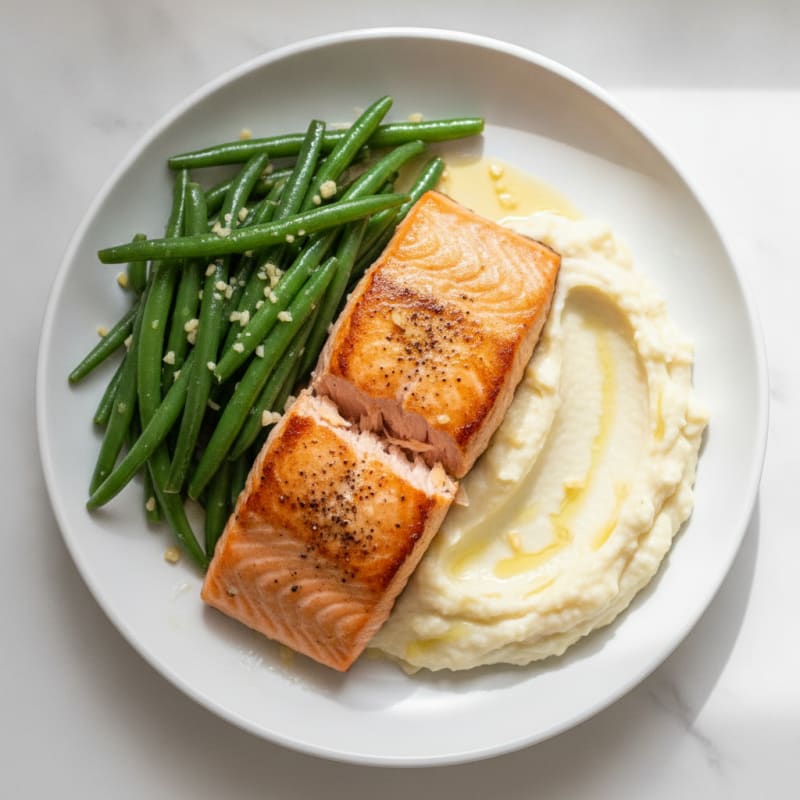 Seared Salmon with Garlic Green Beans and Creamy Cauliflower Mash