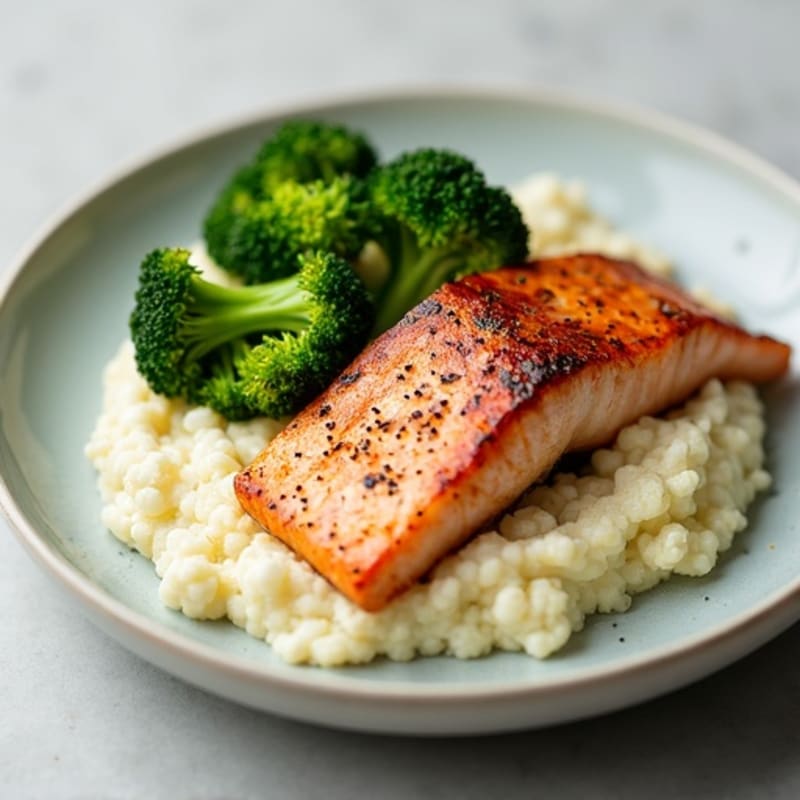 Seared Salmon Fillet with Steamed Broccoli and Garlic Cauliflower Mash