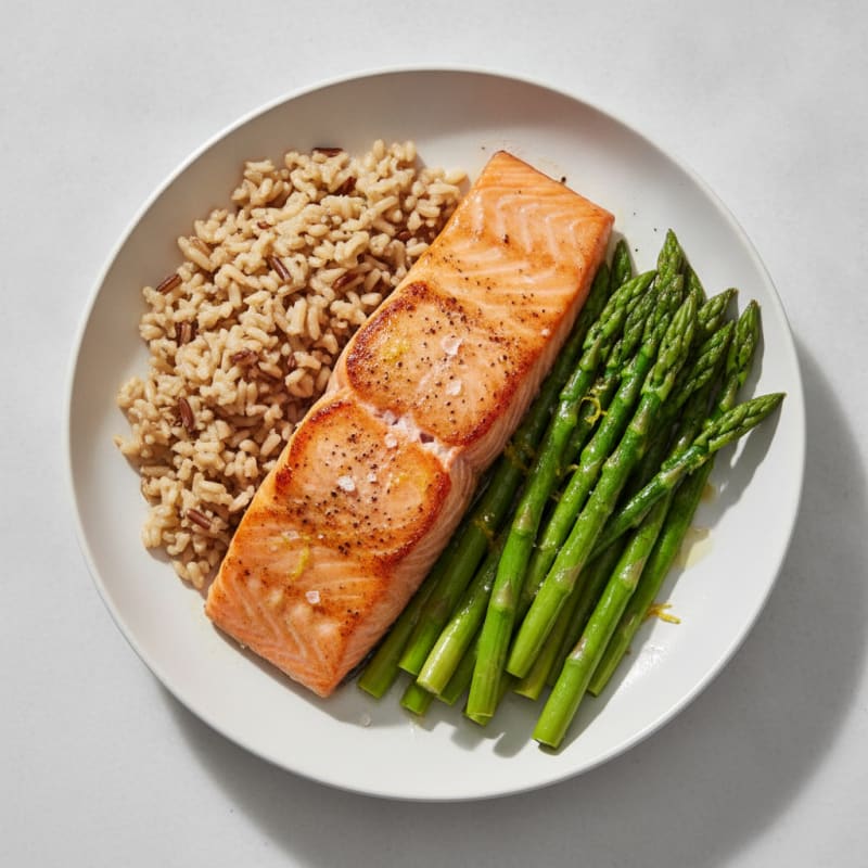 Seared Salmon with Steamed Asparagus and Brown Rice