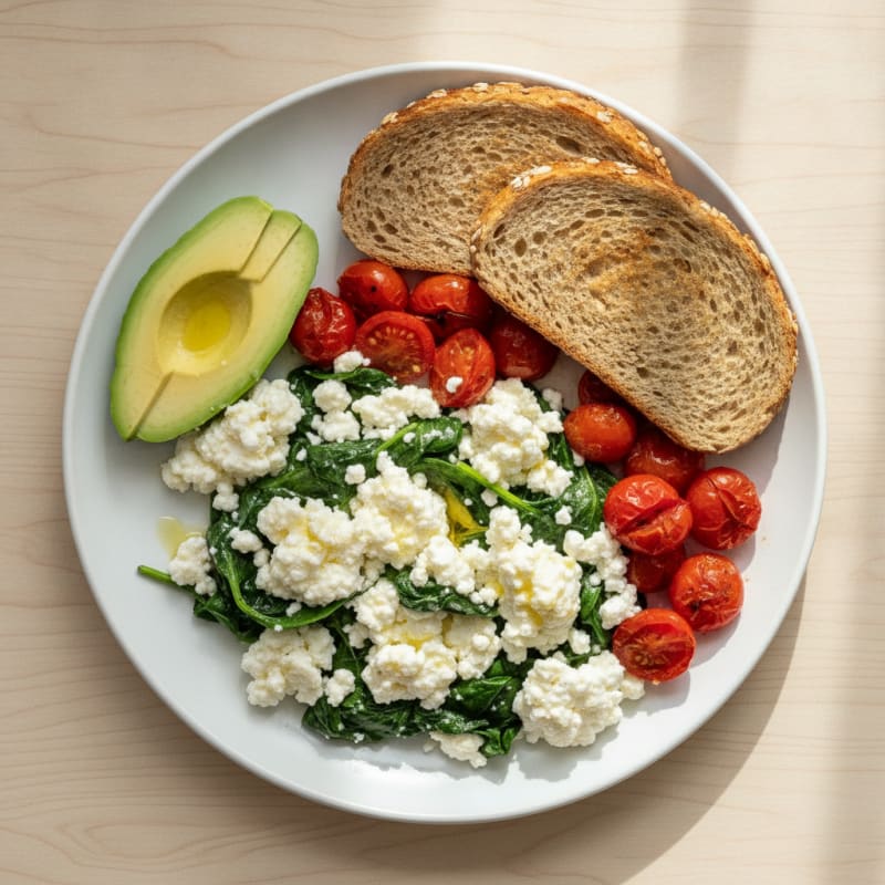 Egg White and Spinach Scramble with Cottage Cheese and Cherry Tomatoes