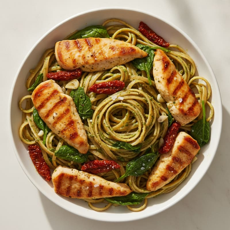 Pesto Chicken Linguine with Sun-Dried Tomatoes