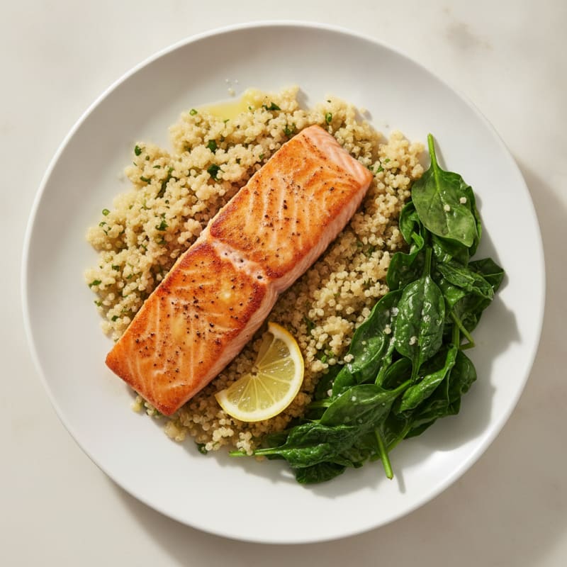Seared Salmon Fillet with Quinoa Pilaf and Sautéed Spinach