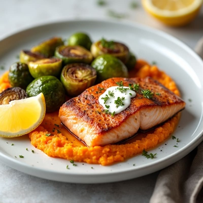 Seared Salmon with Roasted Brussels Sprouts and Sweet Potato Mash