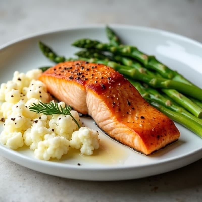 Seared Salmon with Steamed Asparagus and Garlic Mashed Cauliflower