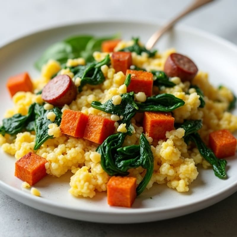 Egg White Spinach Scramble with Turkey Sausage and Roasted Sweet Potato