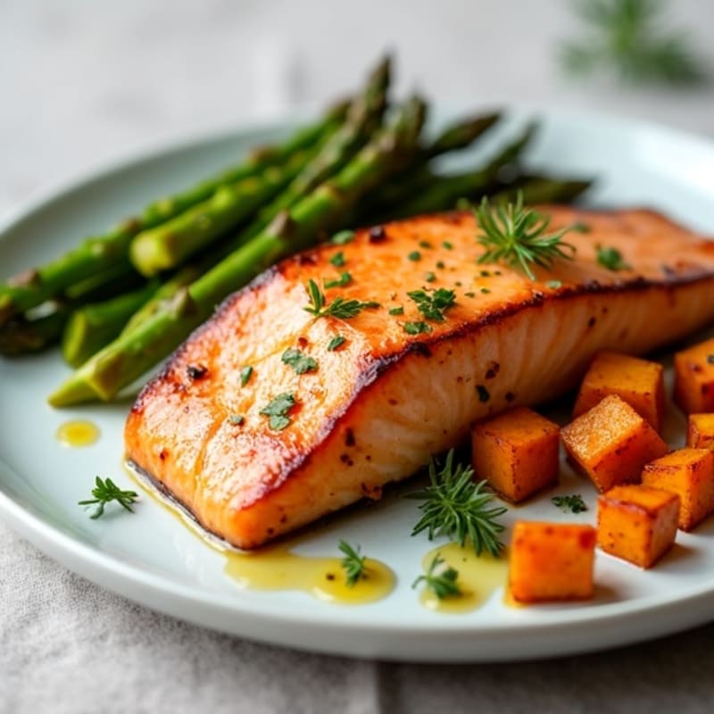 Seared Salmon with Roasted Sweet Potato and Asparagus