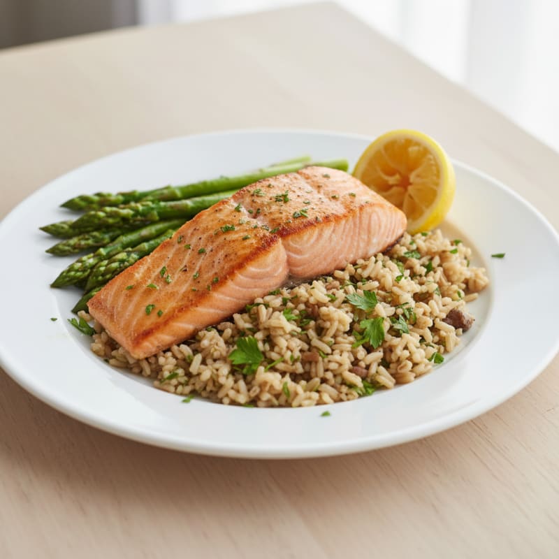 Seared Salmon with Herbed Brown Rice and Steamed Asparagus