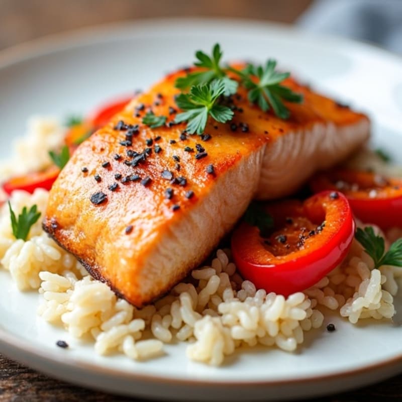 Seared Salmon with Roasted Peppers and White Rice
