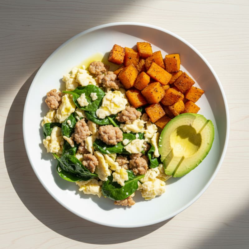 Egg White and Turkey Sausage Scramble with Spinach and Roasted Sweet Potatoes