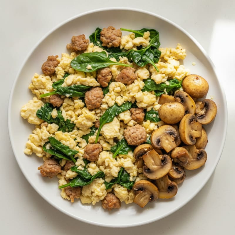 Egg White Spinach Scramble with Turkey Sausage and Sautéed Mushrooms