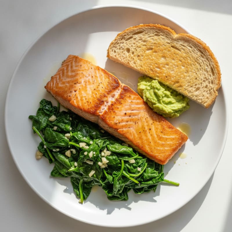 Seared Salmon with Garlic Spinach and Toasted Bread