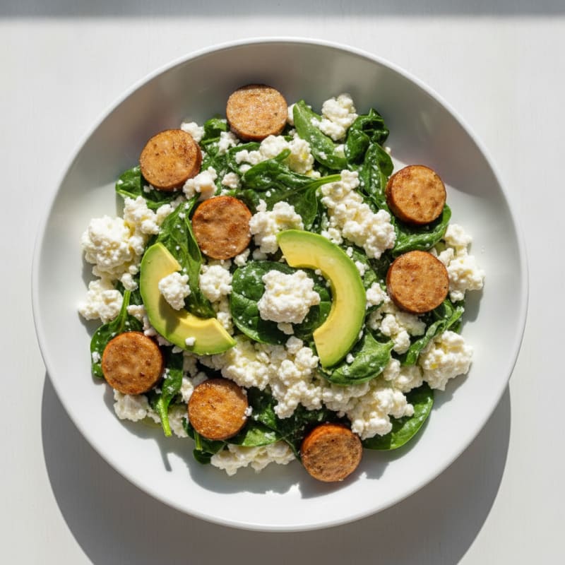 Egg White and Turkey Sausage Scramble with Cottage Cheese and Spinach