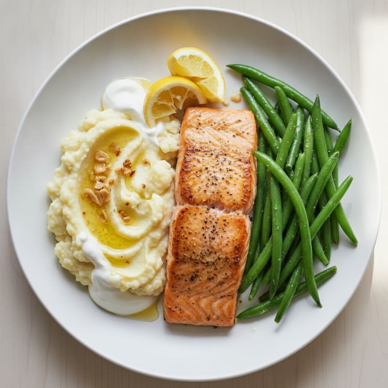 Seared Salmon Fillet with Steamed Green Beans and Garlic Mashed Cauliflower