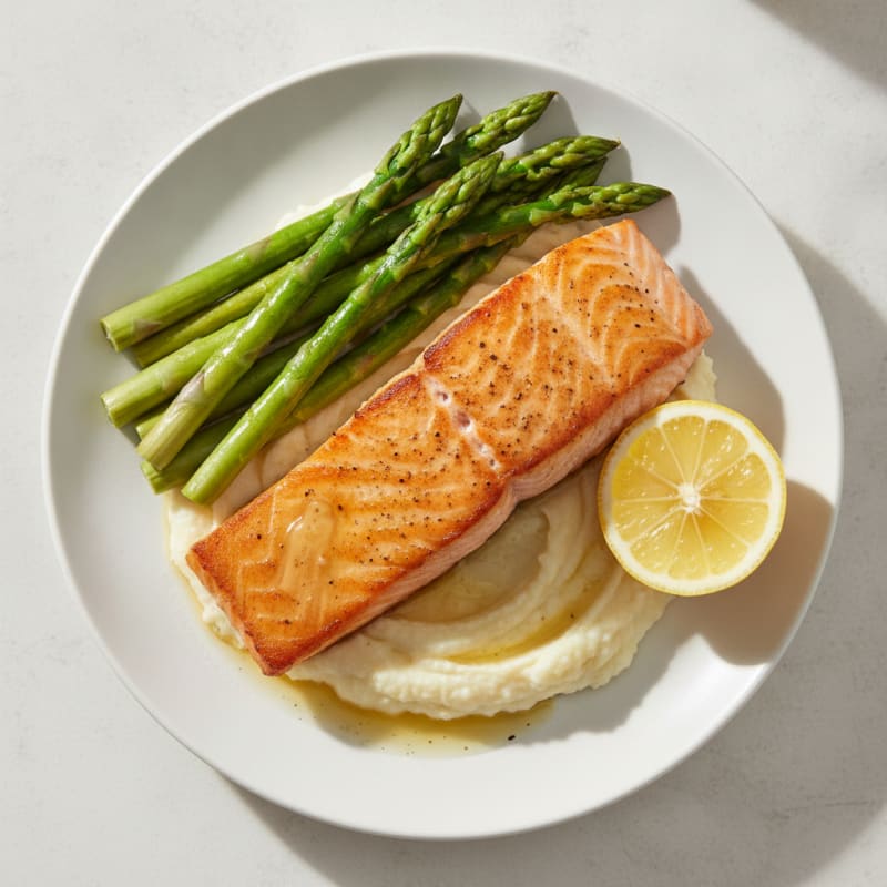 Seared Salmon Fillet with Steamed Asparagus and Cauliflower Mash