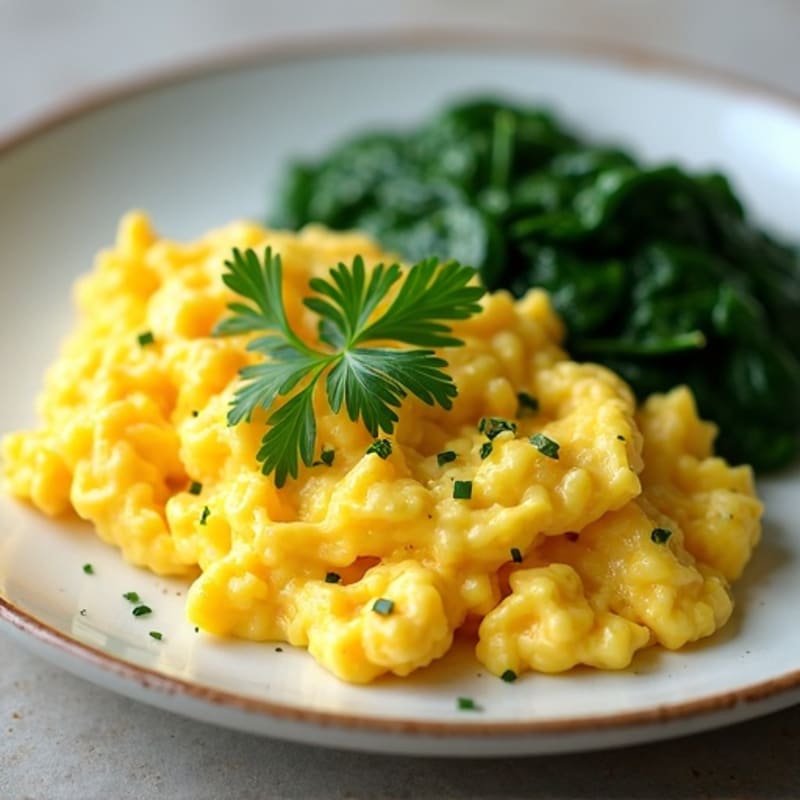 Fluffy Scrambled Eggs with Fresh Herbs and Sautéed Greens