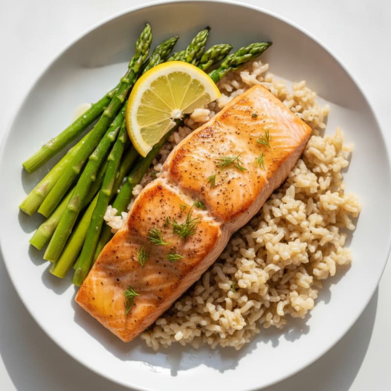 Seared Salmon Fillet with Steamed Asparagus and Brown Rice