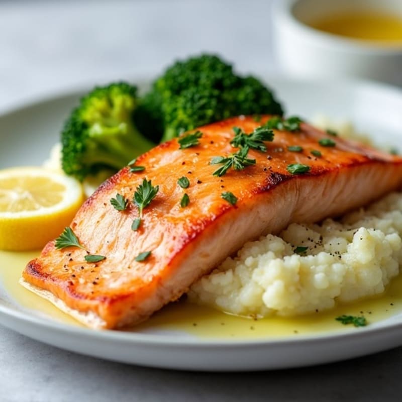 Seared Salmon with Roasted Broccoli and Cauliflower Mash