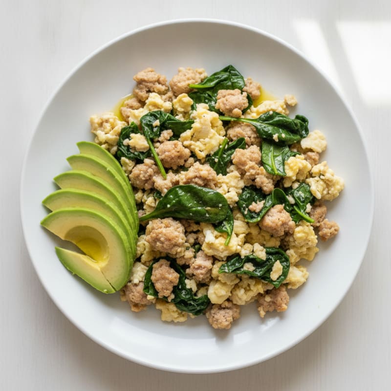 Egg White Scramble with Turkey Sausage and Sautéed Spinach