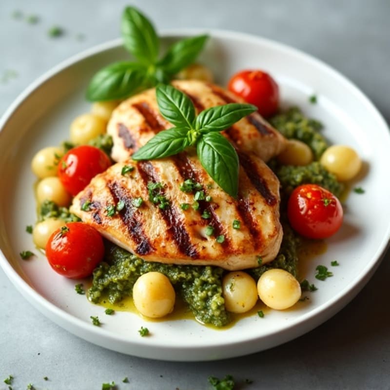 Chicken and Gnocchi with Fresh Basil Pesto and Roasted Cherry Tomatoes