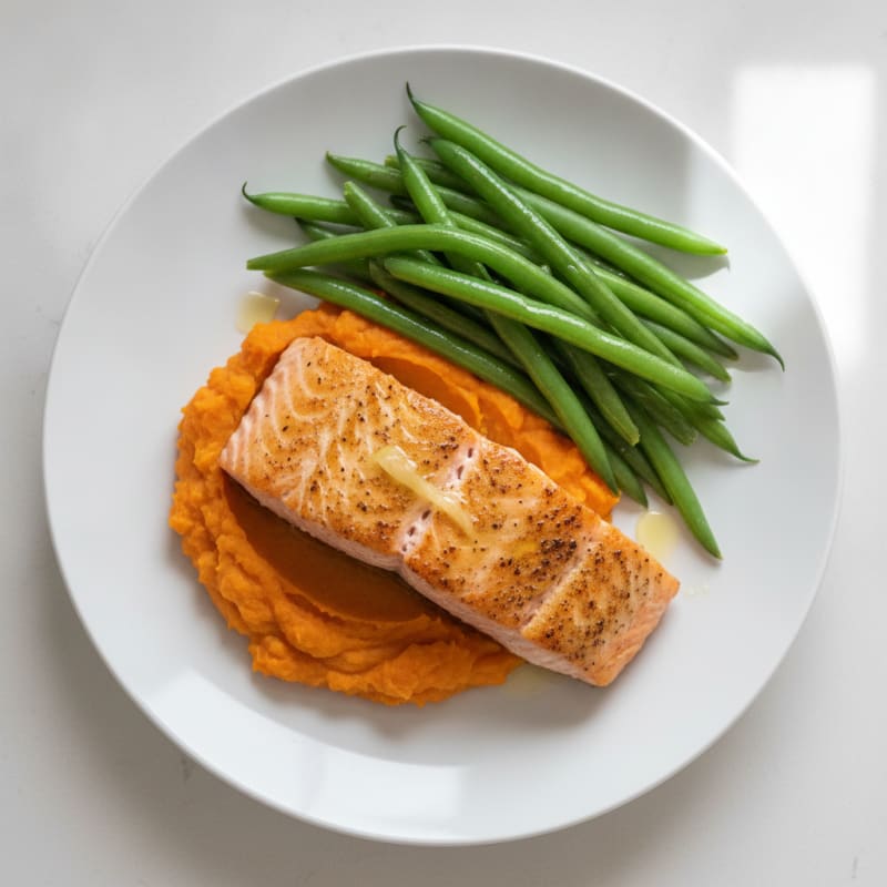 Seared Salmon with Steamed Green Beans and Sweet Potato Mash