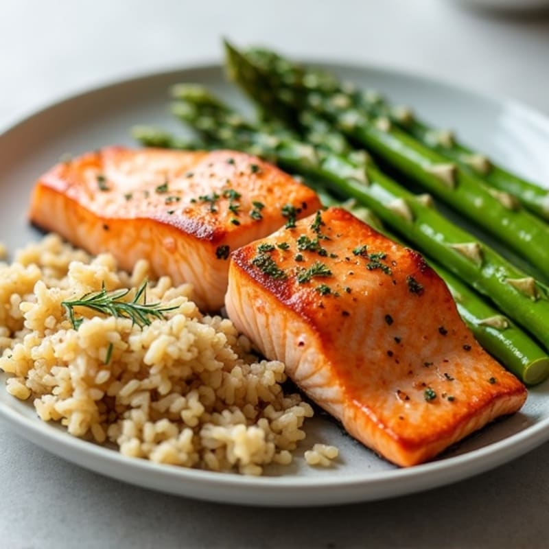 Seared Salmon Fillet with Steamed Asparagus and Brown Rice