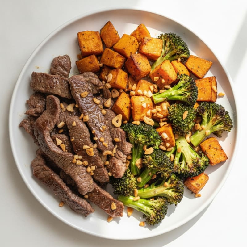 Seared Lean Beef Strips with Roasted Broccoli and Sweet Potato