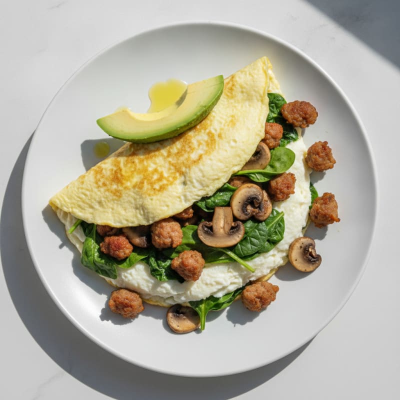Egg White Spinach Omelette with Turkey Sausage and Sautéed Mushrooms