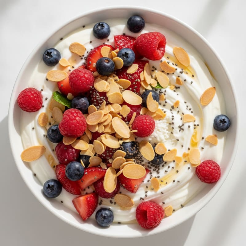 Greek Yogurt Protein Parfait with Mixed Berries and Almonds