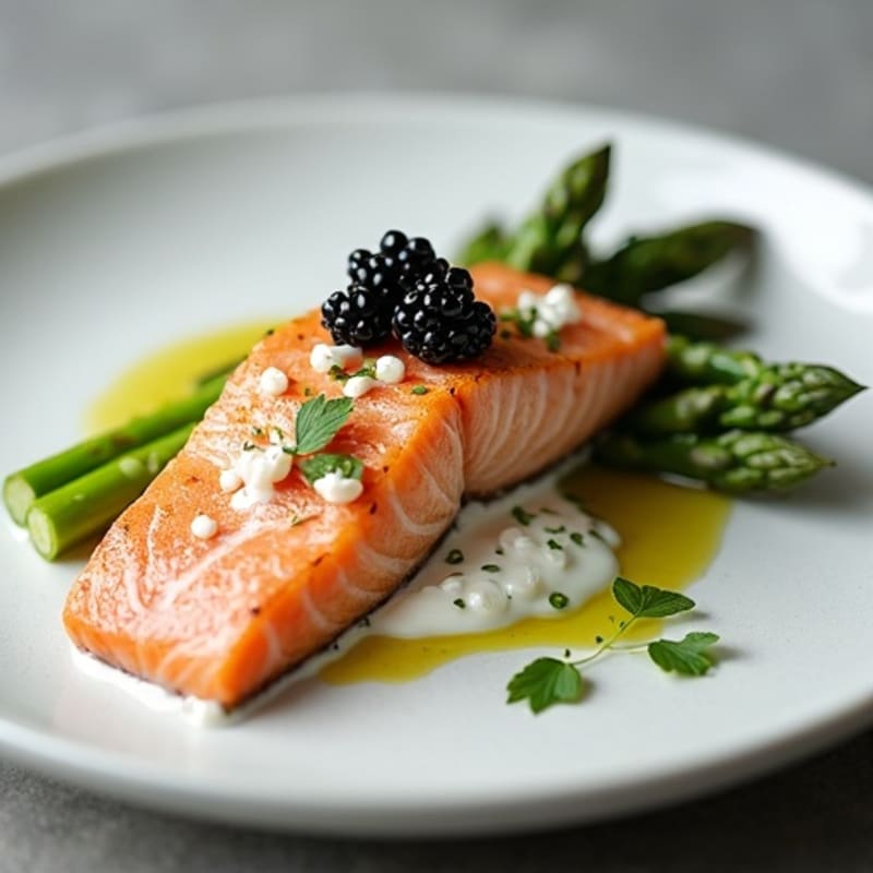 Seared Salmon with Creamy Caviar Yogurt Sauce and Steamed Asparagus