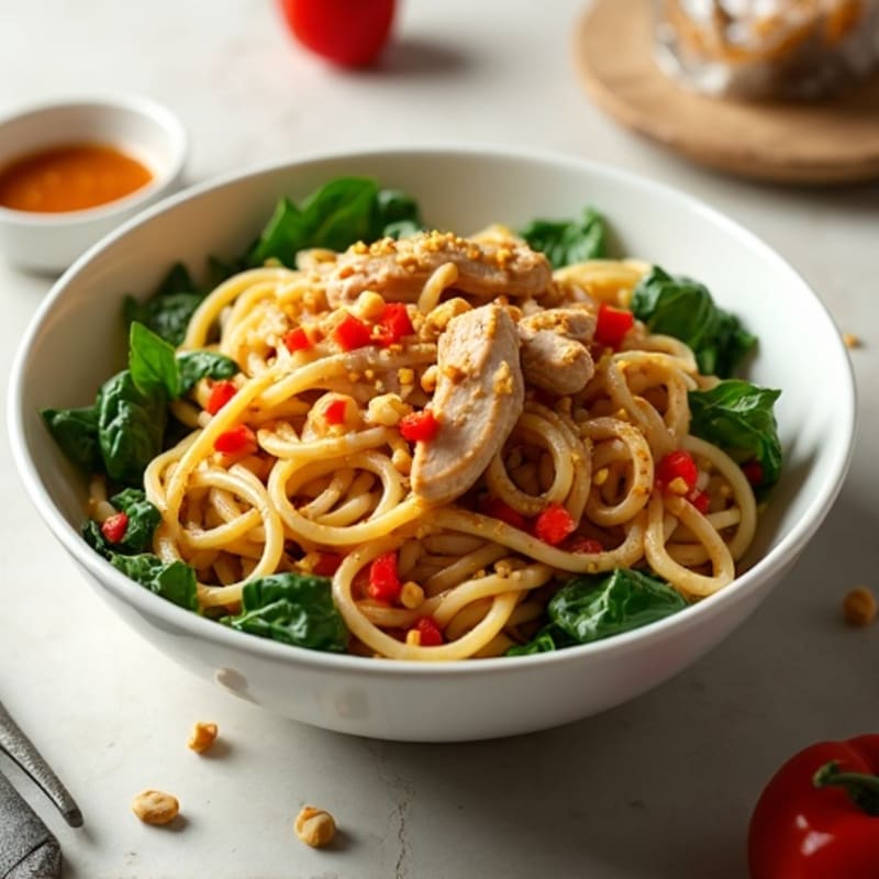 Creamy Spicy Peanut Chicken Noodles with Fresh Greens