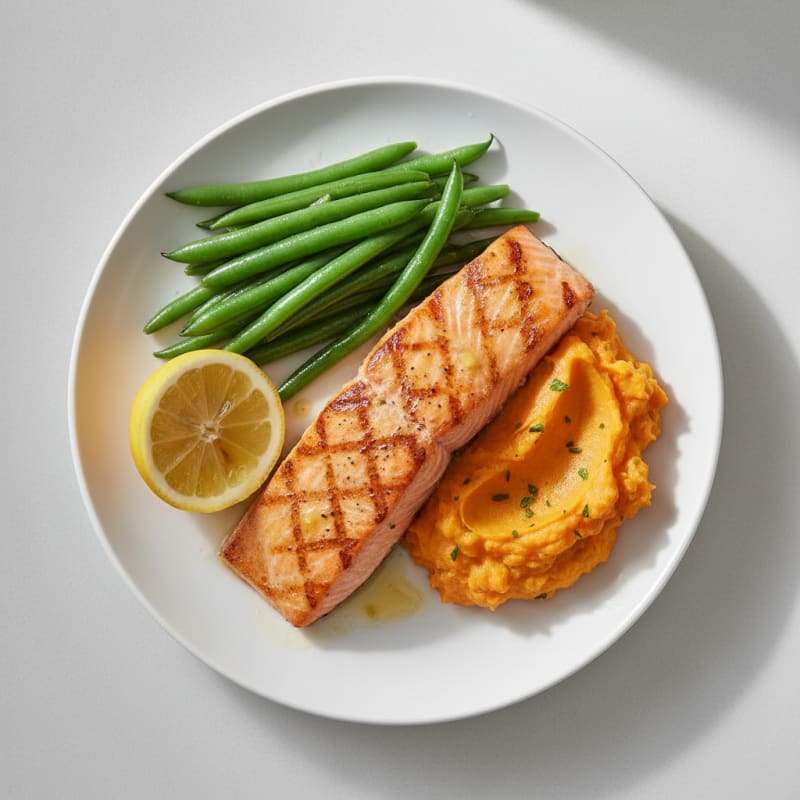 Seared Salmon with Steamed Green Beans and Sweet Potato Mash