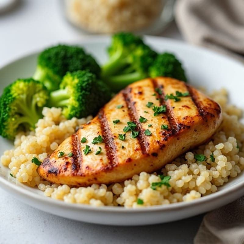 Grilled Chicken Breast with Steamed Broccoli and Quinoa