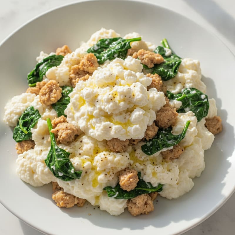 Egg White and Turkey Spinach Scramble with Cottage Cheese