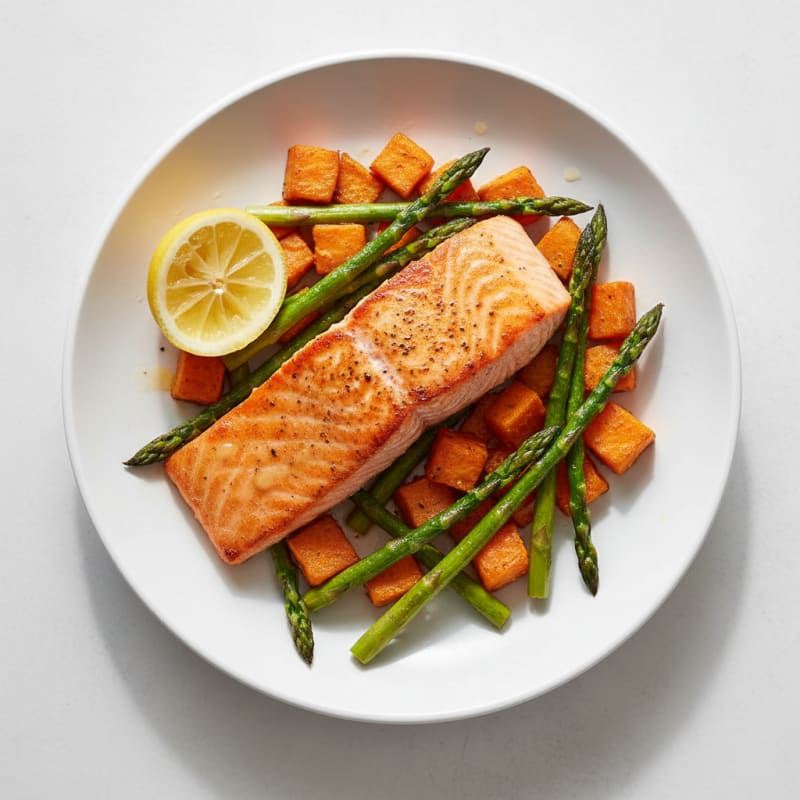 Seared Salmon Fillet with Roasted Sweet Potato and Asparagus