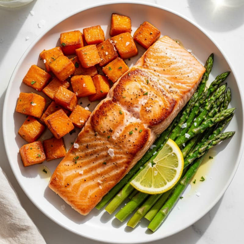Seared Salmon with Roasted Sweet Potato and Asparagus